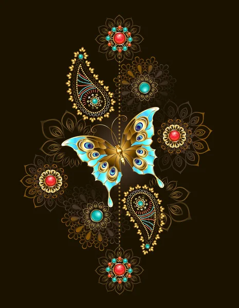 Ασύμμετρο Σχέδιο Πολύτιμες Τιρκουάζ Πεταλούδες Και Αφηρημένα Κοσμήματα Χρώματα Στολισμένα — Διανυσματικό Αρχείο
