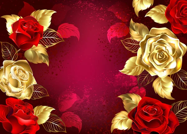 Fundo Texturizado Vermelho Com Jóias Rosas Vermelhas Douradas Design Com — Vetor de Stock