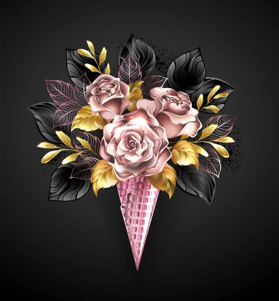 Conos Gofre Con Rosas Oro Rosa Con Hojas Decorativas Negras — Vector de stock