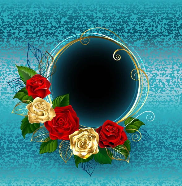 蓝色锦缎背景上有金色和红色玫瑰的圆形旗帜 用玫瑰设计 金色玫瑰 — 图库矢量图片