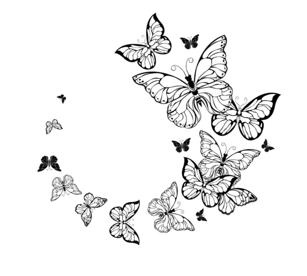 Flying Flocks Contour Artistic Butterflies White Background Tattoo Style Vector Graphics