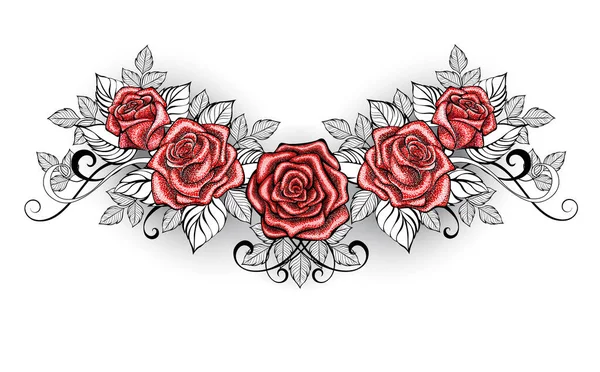 Dotwork Red Roses Tattoo White Background Vector Graphics
