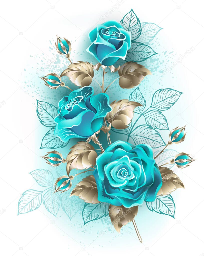 Artistically drawn, turquoise roses with stems and leaves of white gold on white background. Fashionable color.