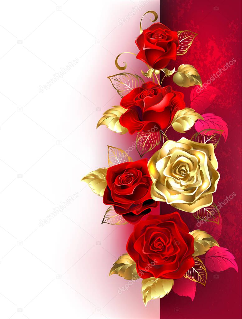 Design with red and gold roses on a white and red background. Design with roses