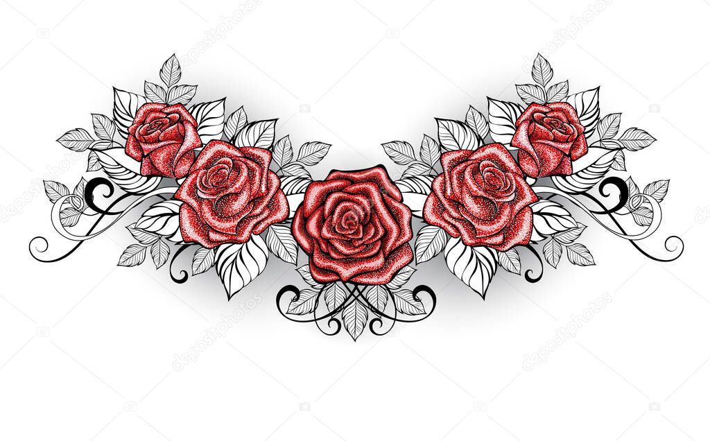 Dotwork red roses tattoo on white background.