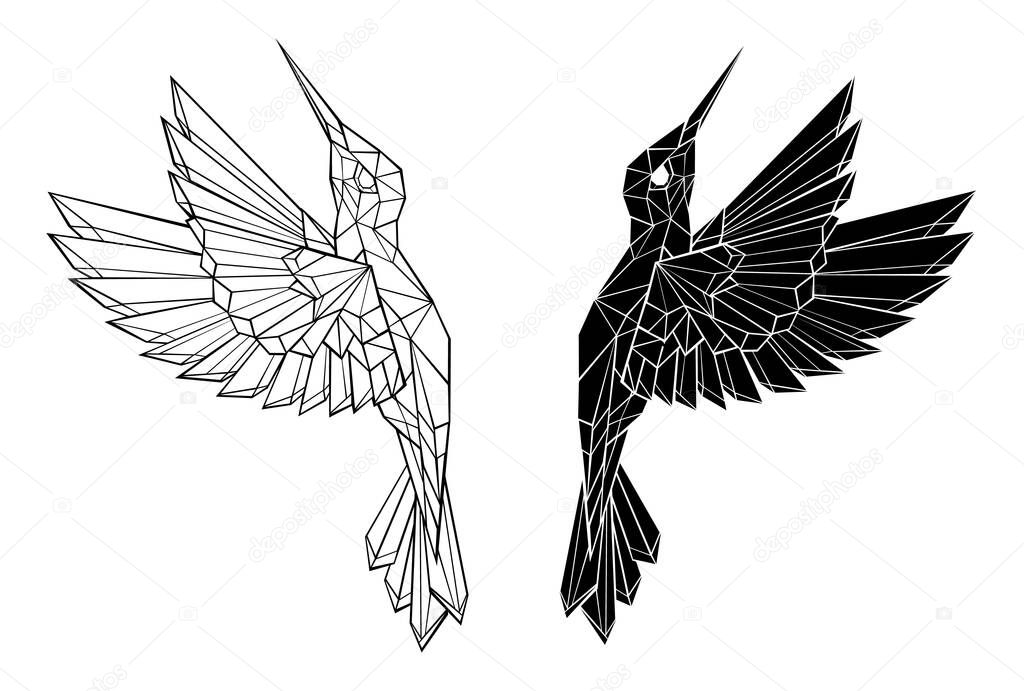 Artistically drawn, black contour, polygonal, flying hummingbird on white background. Tattoo style.