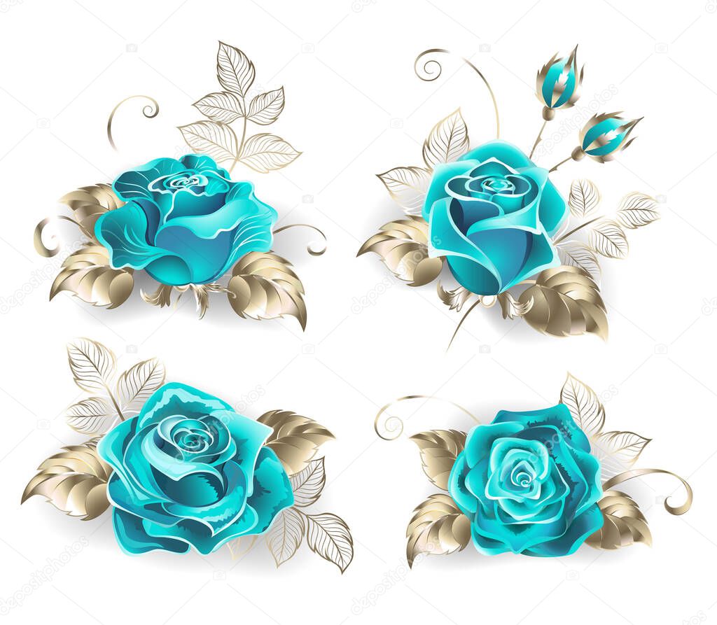 Set of turquoise roses, with leaves of white gold on a white background. Blue tiffany. Fashionable color. Turquoise rose