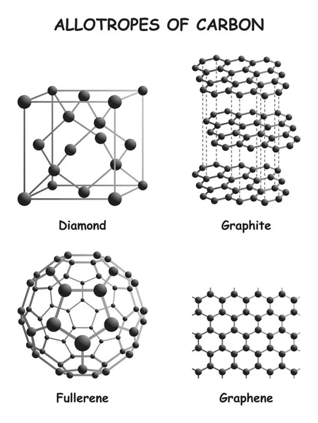 炭素情報誌図には 化学教育用炭素元素のダイヤモンド黒鉛フラーレンやグラフェンなどのさまざまな形態が掲載されています — ストックベクタ
