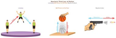 Newton Third Law of Motion Infographic Diagram showing action reaction force direction example jumping ball thrown on the floor recoil of a gun for physics science education poster vector clipart