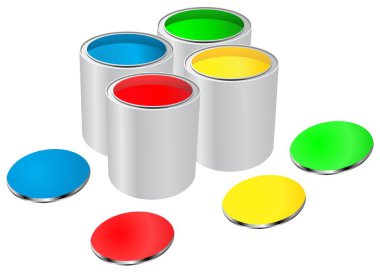 Renkli boya kovası vektörü izole edilmiş beyaz arka plan kırmızı yeşil renk metalik varil kutusu ve açık nesne logo simgesi düz tasarım konsept bakımı