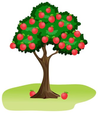İzole edilmiş beyaz arkaplan üzerine elma ağacı vektörü çiziyor meyve gövdesi dalları sonbahar bahçe logosu simgesi düz tasarım çiftlik hasat konsepti Newton kırmızı elma çizgi film yiyeceği