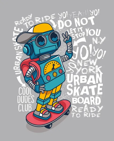 Rolig Skateboarder Robot Vektor Design För Shirt Stockvektor