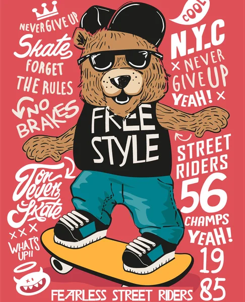 Cool Skater Bear Sullo Skateboard — Vettoriale Stock