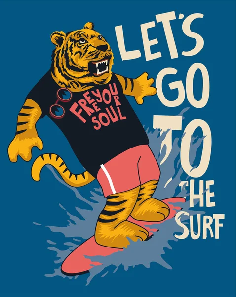 Desenho Vetorial Tigre Surfista — Vetor de Stock