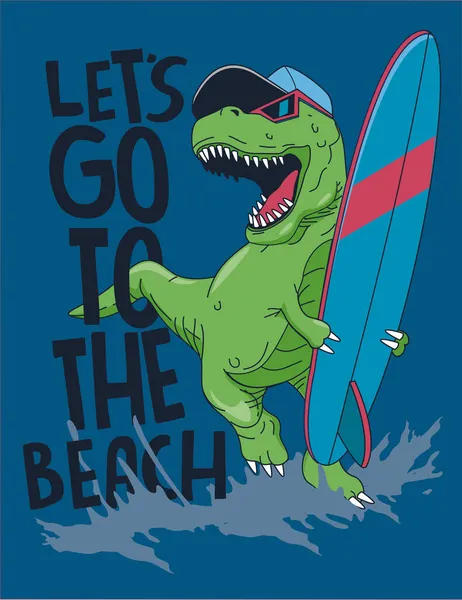 Diseño Vector Dinosaurio Surfista Fresco Con Tabla Surf Para Camiseta — Vector de stock