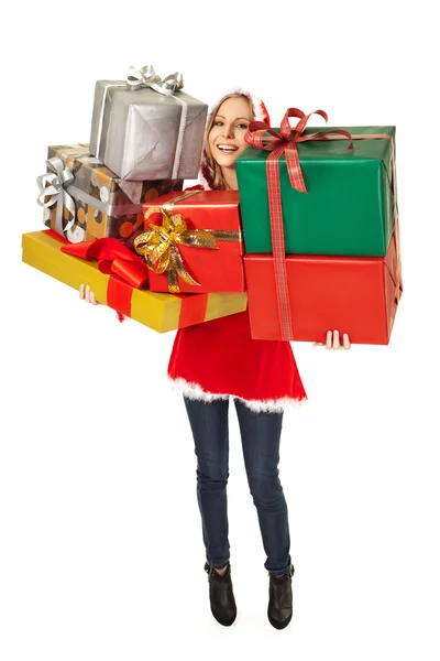 Christmas female gift boxes smile — Stock Photo, Image