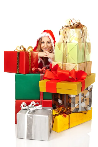 Female smiling pile christmas boxes — Stock Photo, Image