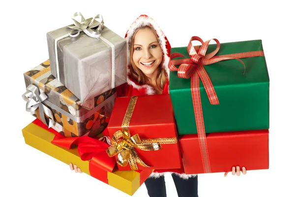 Κουτιά δώρων Χριστουγέννων ευτυχισμένη γυναίκα — Φωτογραφία Αρχείου