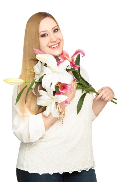 Overweight woman lillies bouquet — Stock Photo, Image