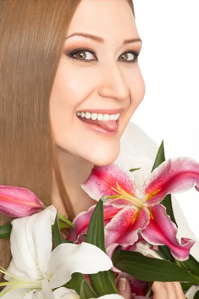 Woman xxl lilies smiling tongue — Stock Photo, Image