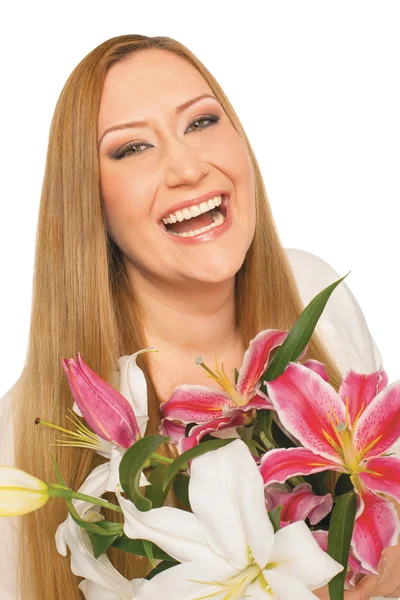 Glücklich Blumen Frau xxl Übergewicht — Stockfoto