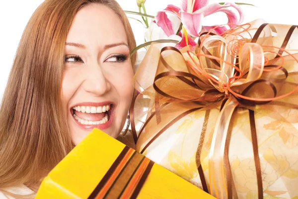 Happy smiling holiday gifts presents — Stock Photo, Image