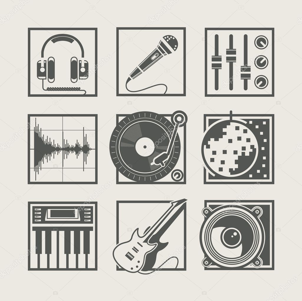 Set of music instruments icons for disco party