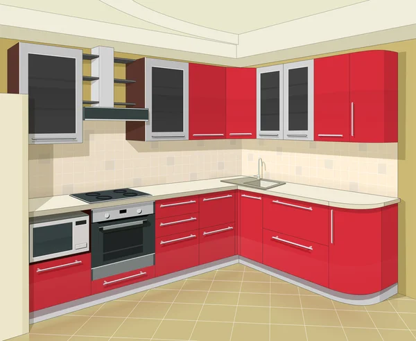 Cocina interior con muebles — Vector de stock