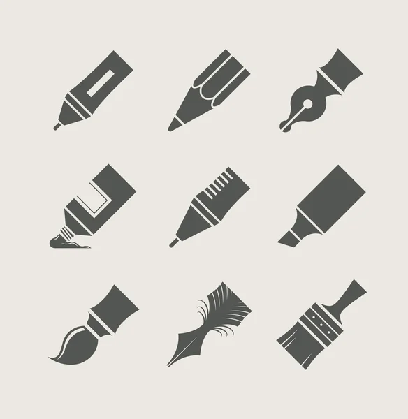 Plumas y pinceles para dibujar. Conjunto de iconos simples — Archivo Imágenes Vectoriales