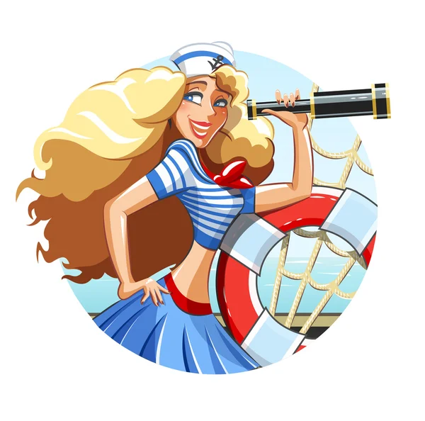 Boru ve kurtarma halkasıyla denizci kız — Stok Vektör