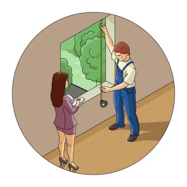 Man and woman measure window clipart