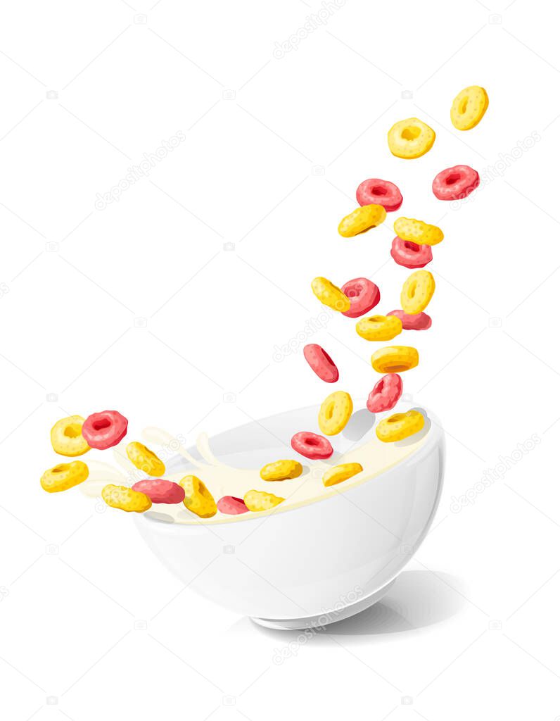 Corn rings in ceramic bowl with milk. Cereals food. Vector.