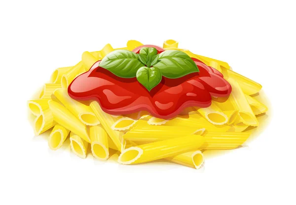 Pasta Con Ketchup Maccheroni Foglia Basilico Cucina Tradizionale Italiana Isolato — Vettoriale Stock