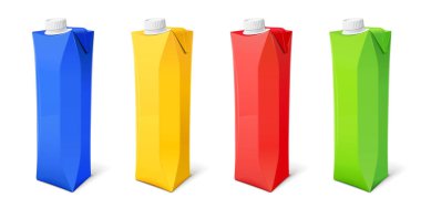 Meyve suyu, süt ve içecek için kağıt eko paketi. Vektör illüstrasyonu.