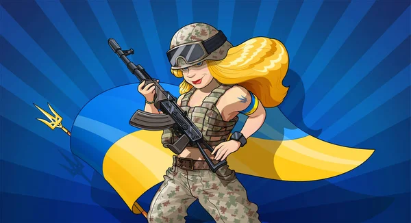Ukrajinská vojenská dívka s automatickou pistolí v uniformě. Vektor. Royalty Free Stock Vektory