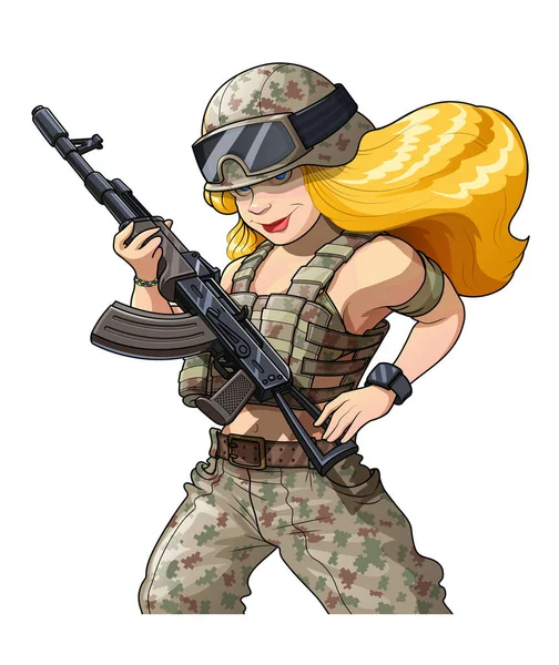 穿制服拿着自动步枪的女军人B.病媒. — 图库矢量图片