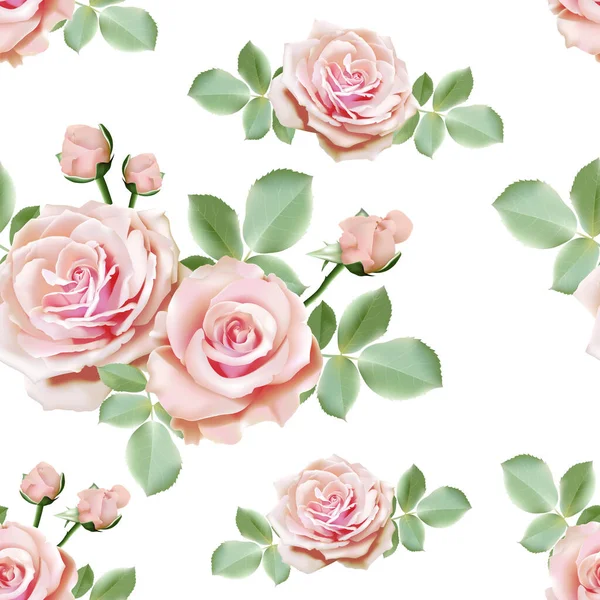 Rosa Doce Suave Rosas Bouquet Sem Costura Padrão Fundo Branco — Vetor de Stock