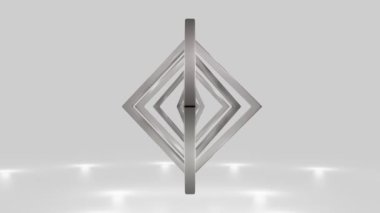 Beyaz arkaplanda yoğunlaşarak dönen birkaç geometrik beyaz şekil. Sonu gelmeyen 3D animasyon. Video 4k ve HD olarak kullanılabilir