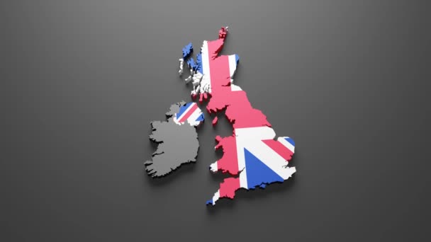 黒の背景に英国の旗の色での英国の地図の3Dレンダリング 4Kビデオモーショングラフィックアニメーション — ストック動画