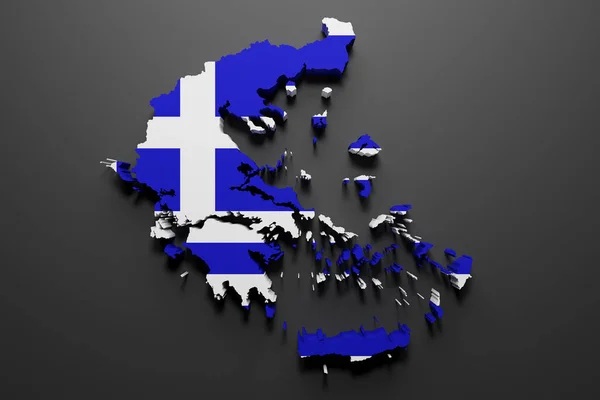 3d rendering of a Greece map shape with flag. Black background.