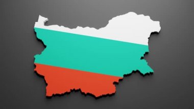 Bulgaristan haritasının siyah arkaplanda Bulgar bayrağı renginde 3D çizimi. 4K Video hareketli grafik canlandırması.
