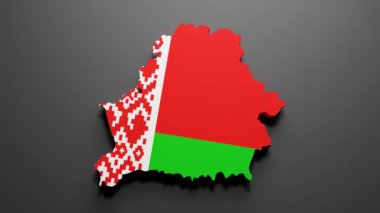 Beyaz Rusya bayrağı renginde bir Belarus haritasının siyah arkaplanda 3 boyutlu canlandırması. 4K Video hareketli grafik canlandırması.