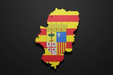 Bir Aragon İspanyol Topluluğu bayrağı ve haritasının siyah arkaplanda 3d görüntülenmesi