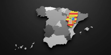 Bir Aragon İspanyol Topluluğu bayrağı ve haritasının siyah arkaplanda 3d görüntülenmesi