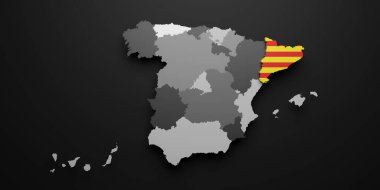 Katalonya İspanyol Topluluğu bayrağı ve haritasının siyah arkaplanda 3d görüntülenmesi