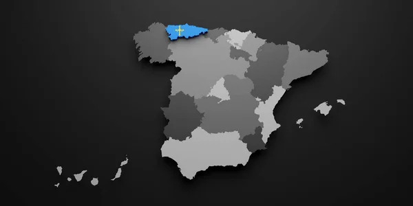 Återgivning Spansk Gemenskapsflagga Från Asturien Och Karta Över Svart Bakgrund — Stockfoto