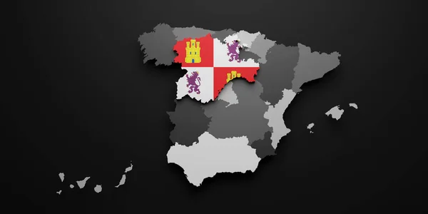 Bir Castilla Leon Bayrağı Siyah Bir Arkaplanda Haritanın Canlandırması — Stok fotoğraf