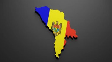 Moldova bayrağının siyah zemin üzerindeki 3d renginin Moldova haritası. 4K Video hareketli grafik canlandırması.