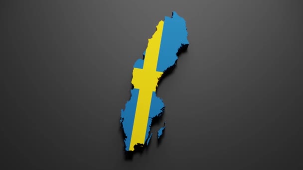 黒の背景にスウェーデンの旗の色でスウェーデンの地図の3Dレンダリング 4Kビデオモーショングラフィックアニメーション — ストック動画