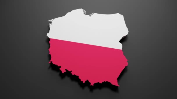 黒の背景にポーランドの旗の色でのポーランドの地図の3Dレンダリング 4Kビデオモーショングラフィックアニメーション — ストック動画